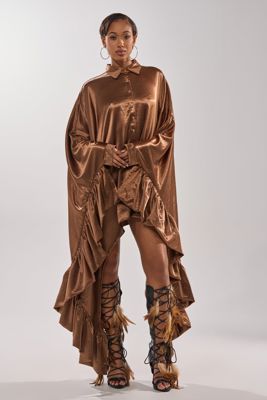 Wonderlust Satin Long Sleeve Mini Dress In Brown