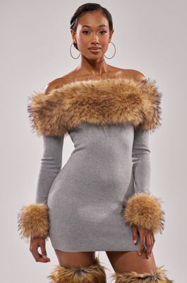 Comfy Cozy Fur Trim Mini Dress In Grey