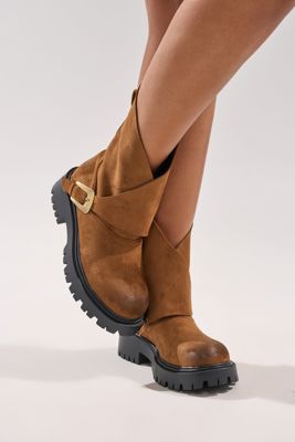 Azalea Wang Phrixus Brown Chunky Short Shaft Faux Suede Boot