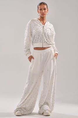 All In White Rhinestone Wide Leg Jogger