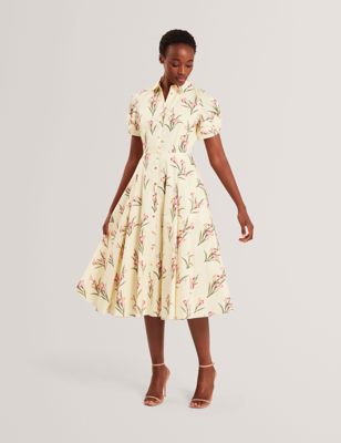 Balloon Short Sleeve Button Up Shirt Dress - Yellow