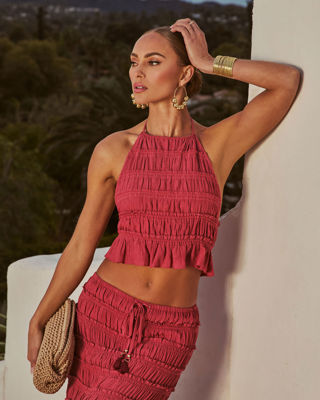 Sunlit Shore Smocked Halter Neck Tie Top