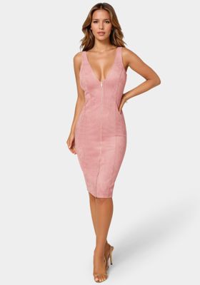Faux Suede Zip Front Pencil Dress