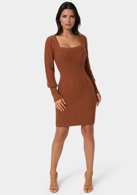 Square Neck Long Sleeve Cable Sweater Dress