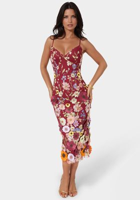 3D Floral Strappy V-Neck Midi Dress
