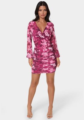 Long Sleeve Faux Wrap Ruched Mini Dress