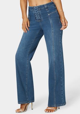 Natural Waist Lace Up Wide Leg Jeans