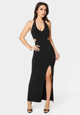 Slit Front Cutout Halter Maxi Dress