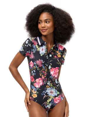 Johnny Was Women's Baccara Short Sleeve Polo One Piece Swimsuit