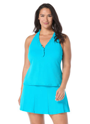 Beach House Women's Plus Size Solid Nina Ruffle Neckline Racerback Tankini Top