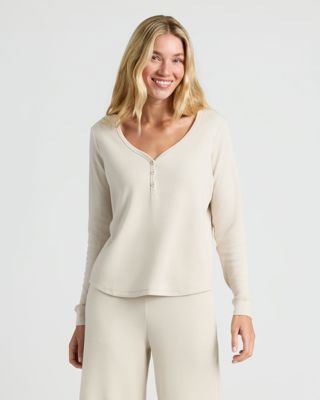 Womens Oatmeal Waffle Long Sleeve Boxy Henley