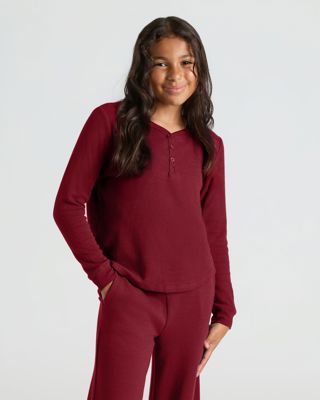 Girls Dark Maroon Long Sleeve Boxy Waffle Henley