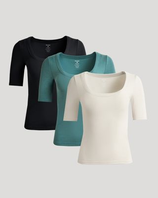 Womens Ribbed 3/4 Sleeve Scoop Neck Tee 3-Pack