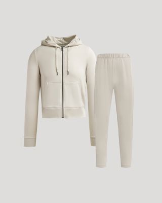 Womens Oatmeal Crop Zip Hoodie & Relaxed Jogger 2-Pack