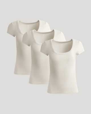 Womens Oatmeal Ribbed U-Neck Tee 3-Pack