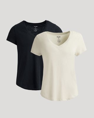 Womens Black & Oatmeal Relaxed Slub V-Neck Tee 2-Pack