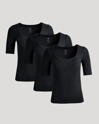 Womens Black Ribbed 3/4 Sleeve Scoop Neck Tee 3-Pack