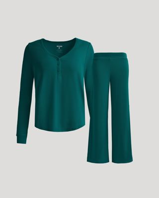 Womens Deep Emerald Waffle Long Sleeve Henley & Waffle Leg Pant 2-Pack