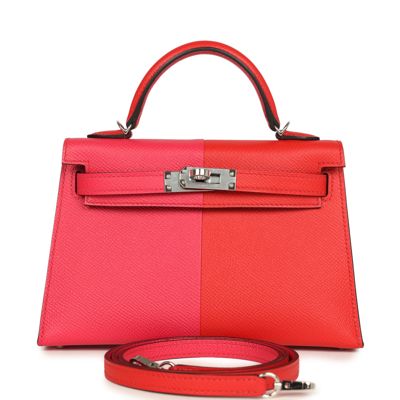 Pre-Owned Hermes Casaque Kelly Sellier 20 Rouge De Coeur And Rose Extreme Epsom Palladium Hardware