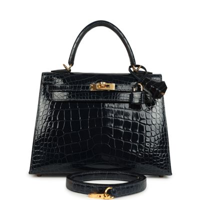 Hermes Kelly Sellier 25 Bleu Baltique Shiny Alligator Gold Hardware