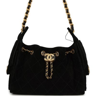 Chanel Mini 25 Hobo Bag Black Suede Antique Gold Hardware