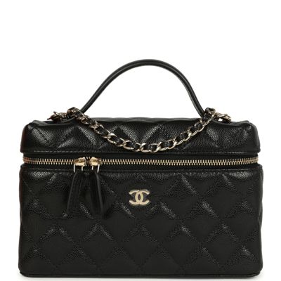Chanel Top Handle Long Vanity Case With Chain Black Shiny Caviar Light Gold Hardware