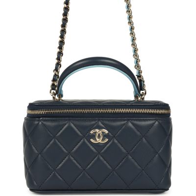 Chanel Small Top Handle Vanity Case Navy & Light Blue Lambskin Light Gold Hardware