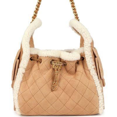 Chanel Small 25 Hobo Bag Beige Suede And White Shearling Antique Gold Hardware