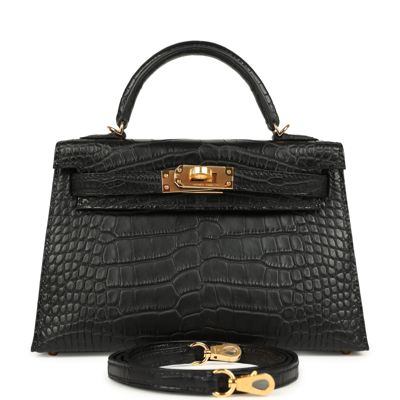 Hermes Kelly Sellier 20 Black Matte Alligator Gold Hardware