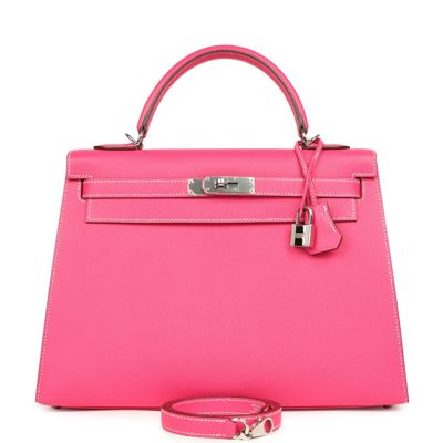 Pre-Owned Hermes Candy Kelly Sellier 32 Rose Tyrien Epsom Palladium Hardware