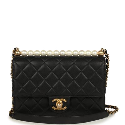 Pre-Owned Chanel Small Chic Pearls Flap Bag Black Goatskin Antique Gold Hardware