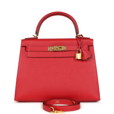 Pre-Owned Hermes Kelly Sellier 28 Rouge Casaque Epsom Gold Hardware