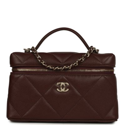 Chanel Top Handle Slim Vanity Case With Chain Dark Brown Shiny Caviar Light Gold Hardware