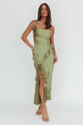 Sunshine Eternity Asymmetric Neckline Ruffle Maxi Dress Olive