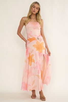Azure Sun Drop Waist Split Maxi Dress Print Orange