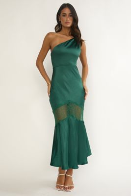 Avielle Lace Trim One-Shoulder Maxi Dress Forest Green