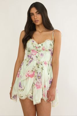 Gisora Tied Back Lace Trim Romper Floral Mint