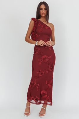 Deanna One-Shoulder Ruffle Maxi Dress Floral Texture Wine