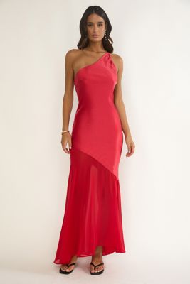 Mireya One-Shoulder Sheer Hem Maxi Dress Red
