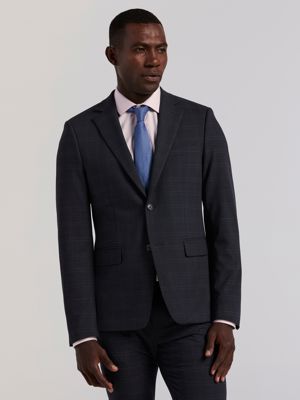 Skinny Fit Navy Plaid Suit Jacket