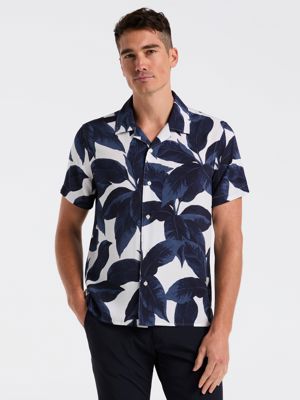 Tropical Plant Print Camp Collar Shirt