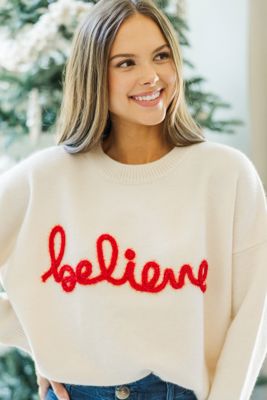 Believe Cream Script Sweater