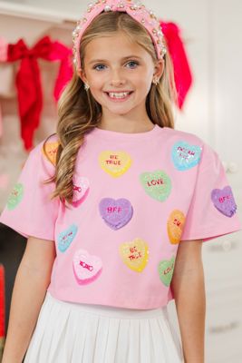 Girls: Heart Day Fun Blush Sequin Candy Hearts Top
