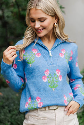 Bloom Bright Denim Blue Medallion Quarter Zip