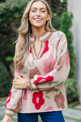Wait For Me Taupe Large Floral Sweater