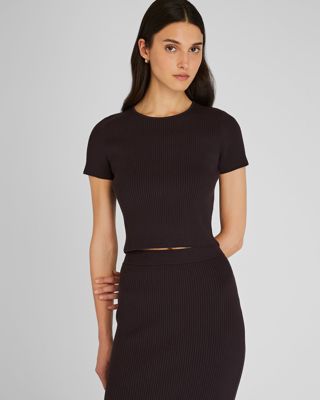 Textured Ribbed Fitted Short Sleeve Sweater