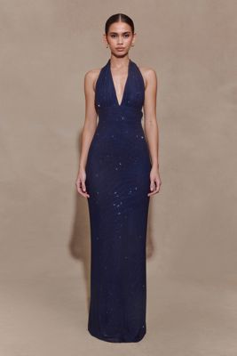 Harriet Halter Neck Diamante Maxi Dress - Navy