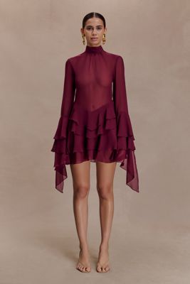 Nimah Chiffon Ruffle Mini Dress - Wine