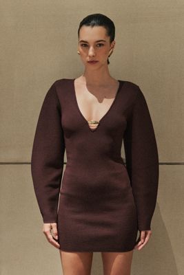Billy Balloon Sleeve Knit Mini Dress - Dark Chocolate