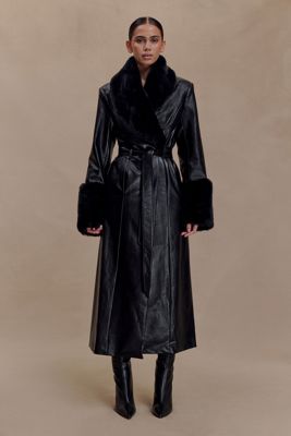 Bec Faux Leather Trench Coat With Faux Fur - Black